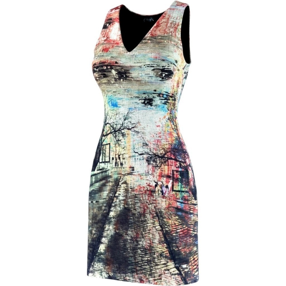 Inoah Scenic Watercolor Artsy Art To Wear Knit Painting Stretch Dress Womens L M